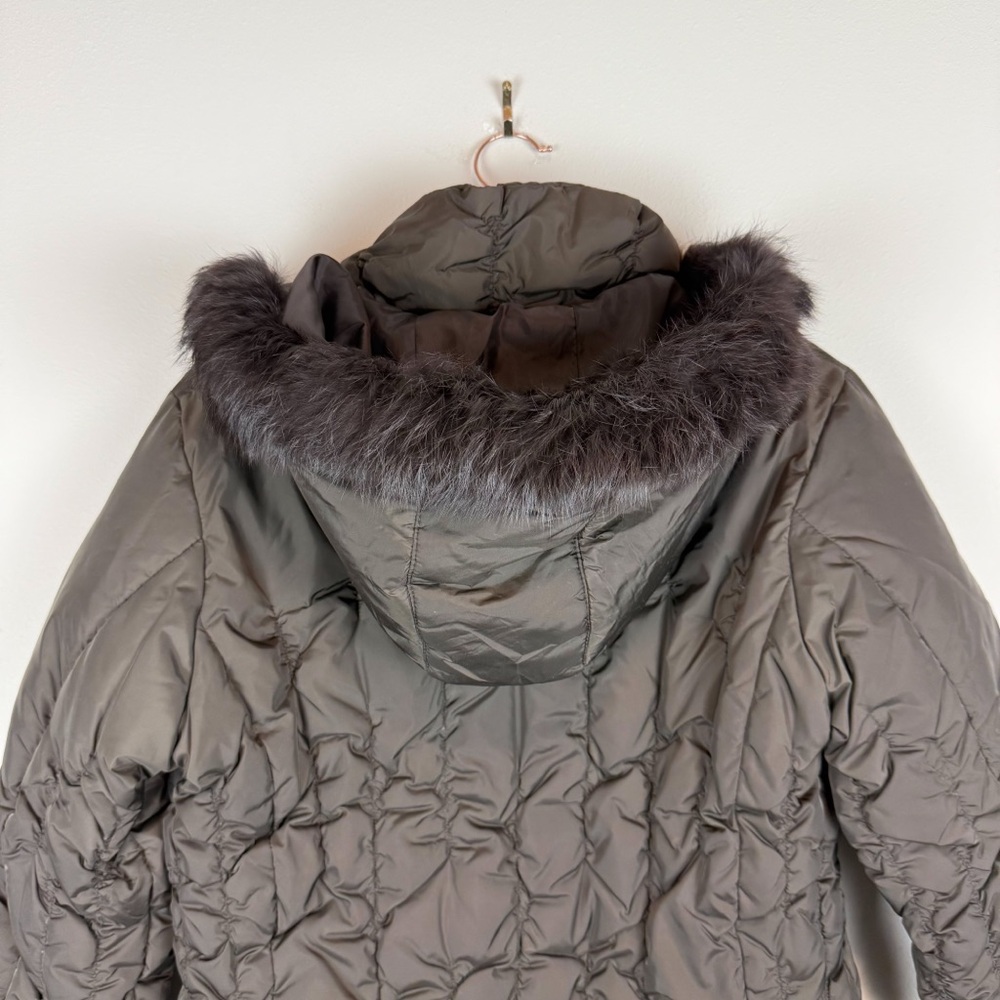 Nine West Brown Quilted Down Jacket Coat Rabbit‎ Fur Trim Hooded Size Medium - Picture 5 of 15